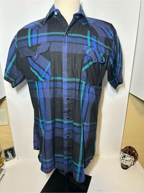 Men's Short Sleeve Black & Blue Plaid Shirt rare made in USA panhandle slim